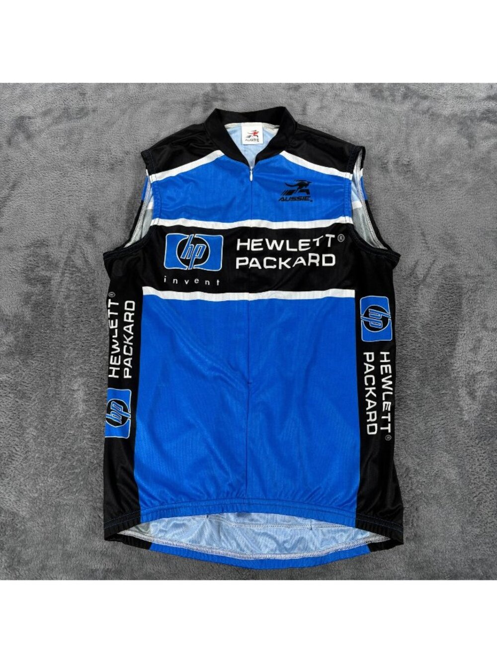 Aussie Hewlett Packard HP Cycling Jersey Men L Blue Black Sleeveless 3/4 Zip VTG